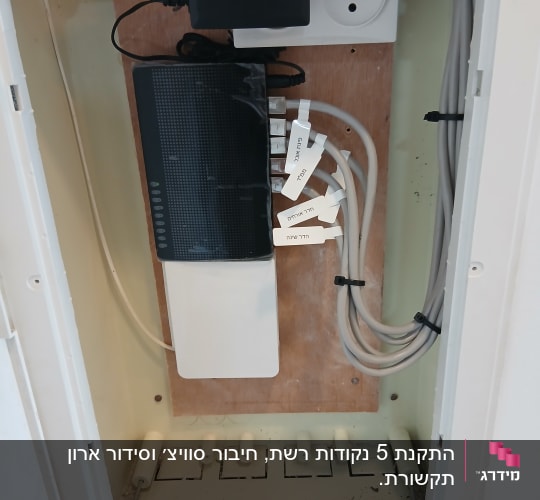ארון תקשורת עם נתב וכבלים מסודרים